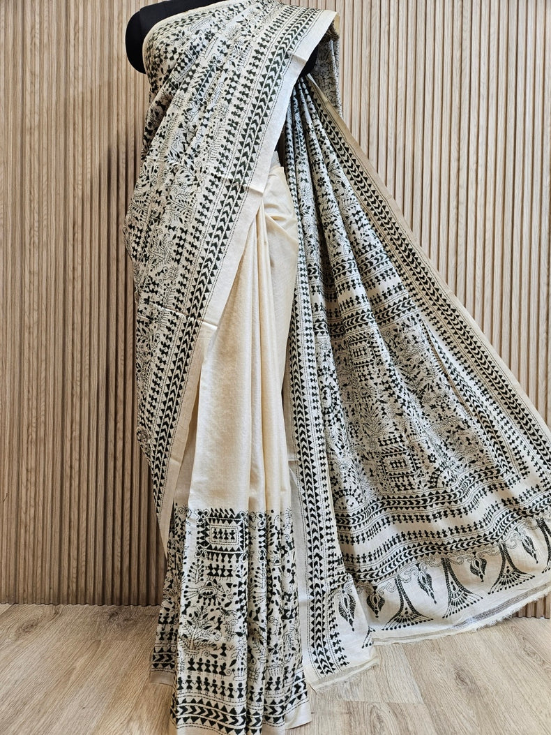 Exquisite Beige & Green Pure Tussar Silk Saree with Intricate Kantha Stitch by Balaram Saha Balaram Saha