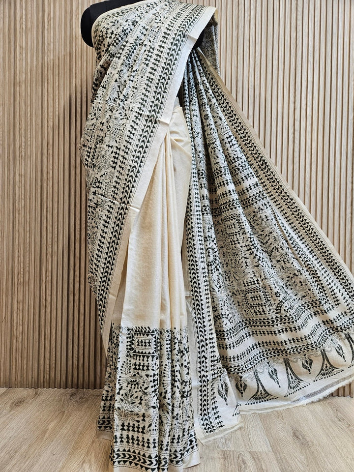Exquisite Beige & Green Pure Tussar Silk Saree with Intricate Kantha Stitch by Balaram Saha Balaram Saha