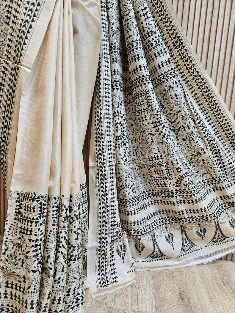 Exquisite Beige & Green Pure Tussar Silk Saree with Intricate Kantha Stitch by Balaram Saha Balaram Saha