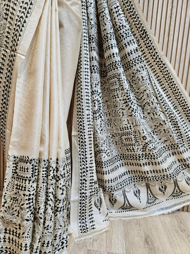 Exquisite Beige & Green Pure Tussar Silk Saree with Intricate Kantha Stitch by Balaram Saha Balaram Saha