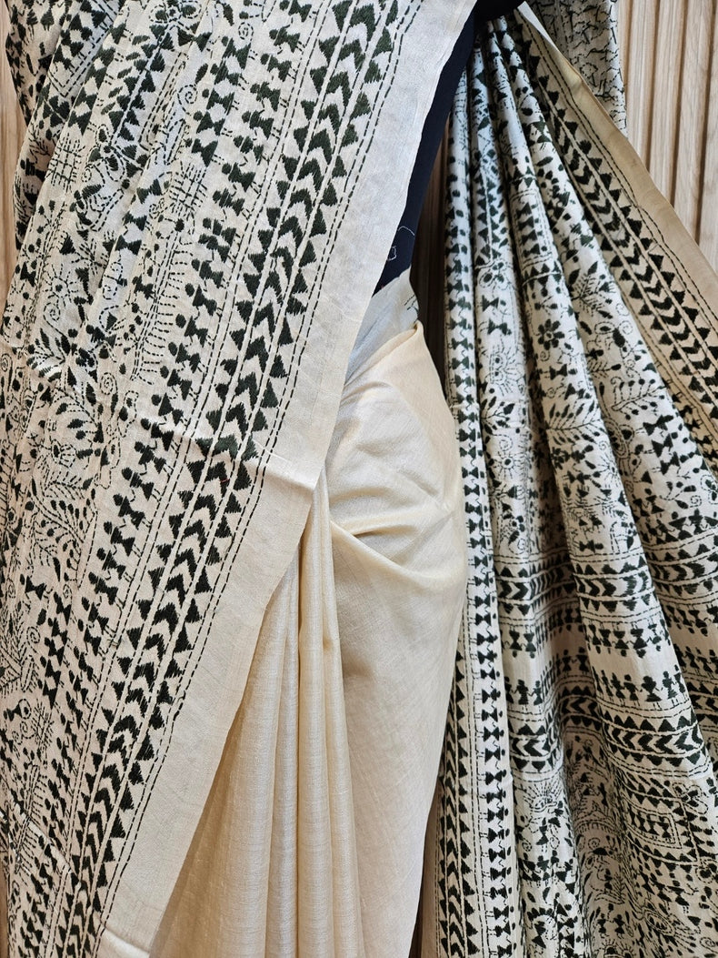 Exquisite Beige & Green Pure Tussar Silk Saree with Intricate Kantha Stitch by Balaram Saha Balaram Saha