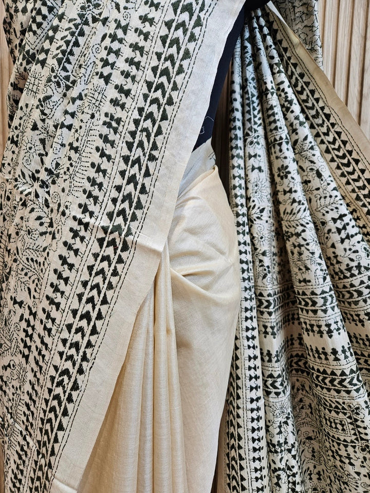 Exquisite Beige & Green Pure Tussar Silk Saree with Intricate Kantha Stitch by Balaram Saha Balaram Saha