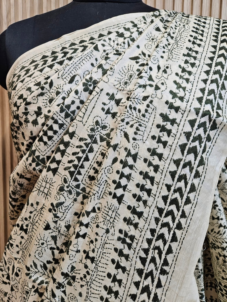 Exquisite Beige & Green Pure Tussar Silk Saree with Intricate Kantha Stitch by Balaram Saha Balaram Saha