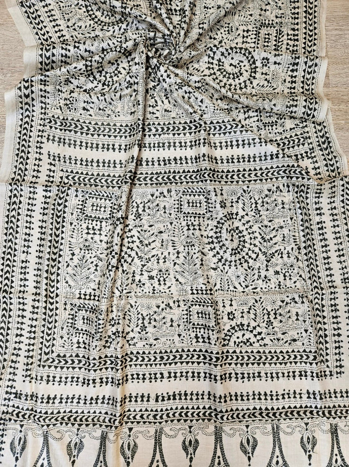 Exquisite Beige & Green Pure Tussar Silk Saree with Intricate Kantha Stitch by Balaram Saha Balaram Saha