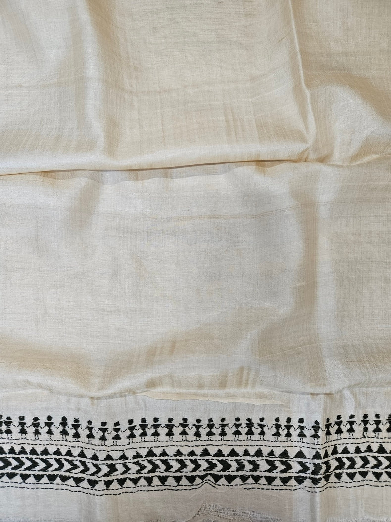 Exquisite Beige & Green Pure Tussar Silk Saree with Intricate Kantha Stitch by Balaram Saha Balaram Saha