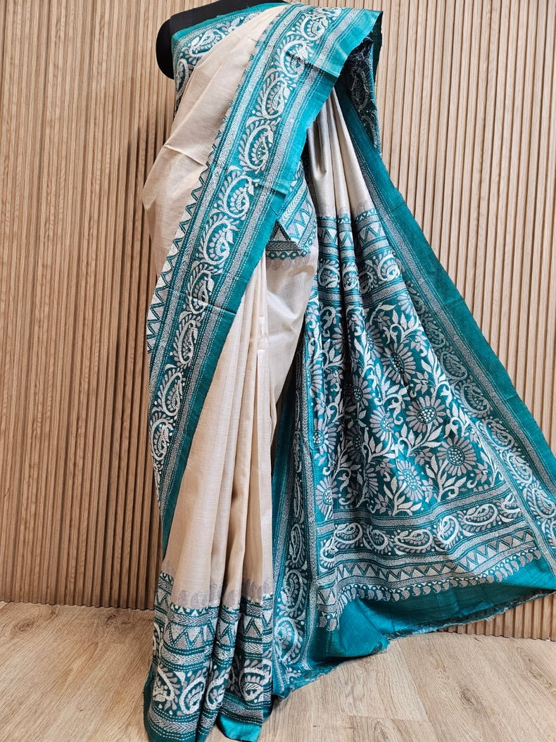 Balaram Saha: Luxury Meets Tradition - Cream & Green Pure Tussar Silk Saree with Kantha Embroidery Balaram Saha