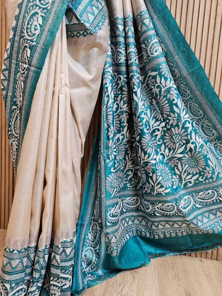 Balaram Saha: Luxury Meets Tradition - Cream & Green Pure Tussar Silk Saree with Kantha Embroidery Balaram Saha