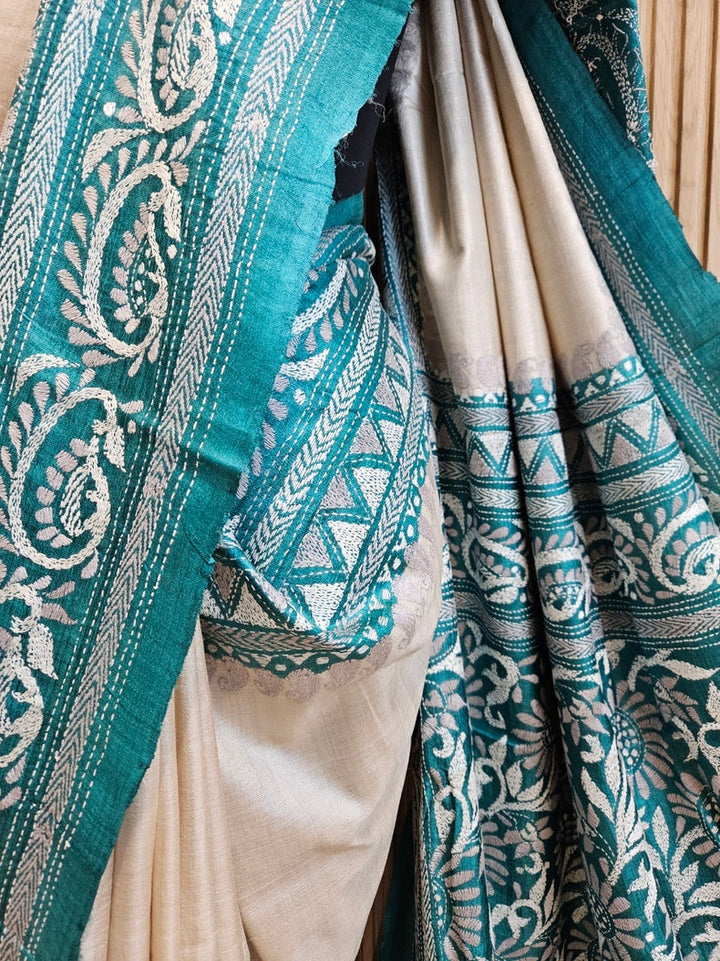 Balaram Saha: Luxury Meets Tradition - Cream & Green Pure Tussar Silk Saree with Kantha Embroidery Balaram Saha