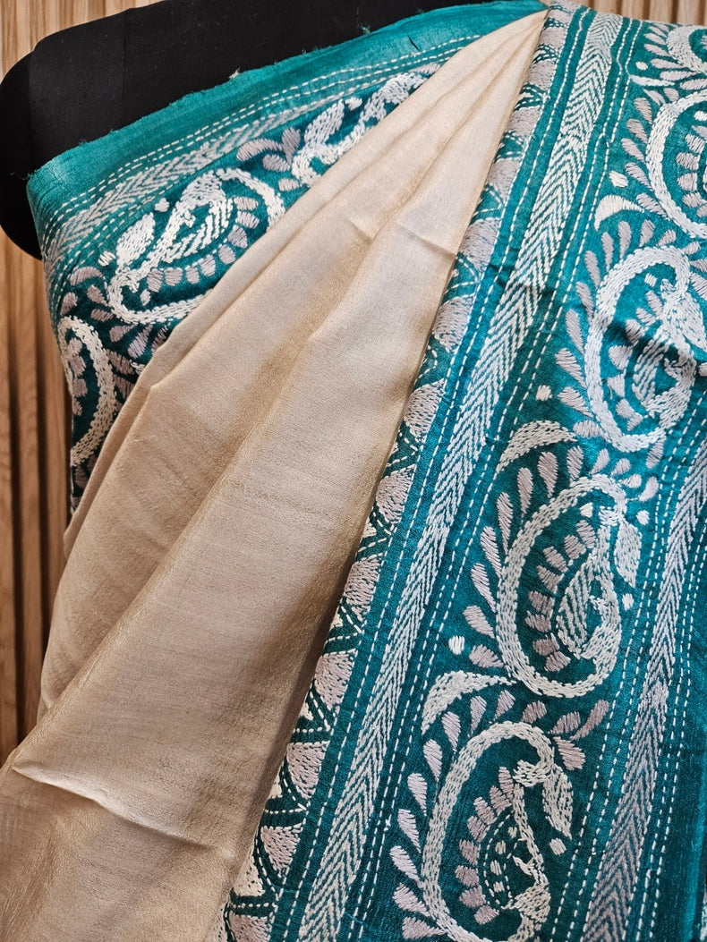 Balaram Saha: Luxury Meets Tradition - Cream & Green Pure Tussar Silk Saree with Kantha Embroidery Balaram Saha