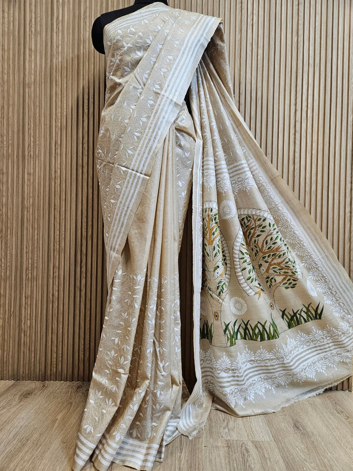 Luxurious Cream Tussar Silk with Handcrafted Kantha by Balaram Saha Balaram Saha