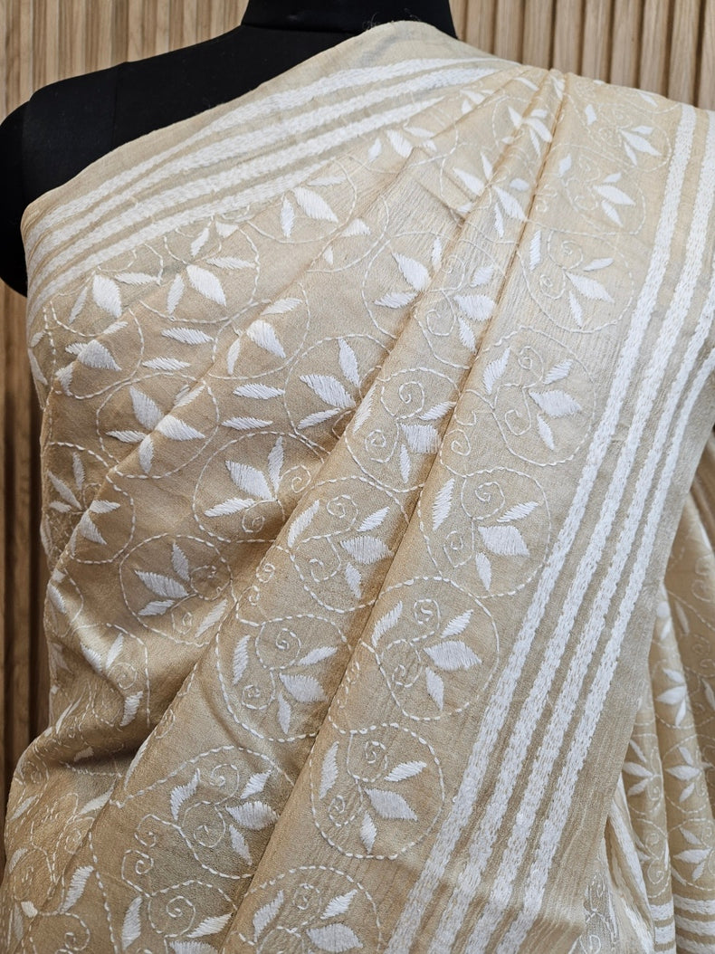Luxurious Cream Tussar Silk with Handcrafted Kantha by Balaram Saha Balaram Saha