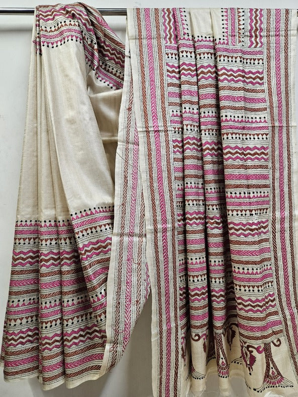 Nature-Inspired: Beige & Brown Handloom Tussar Silk Kantha Saree by Balaram Saha Balaram Saha