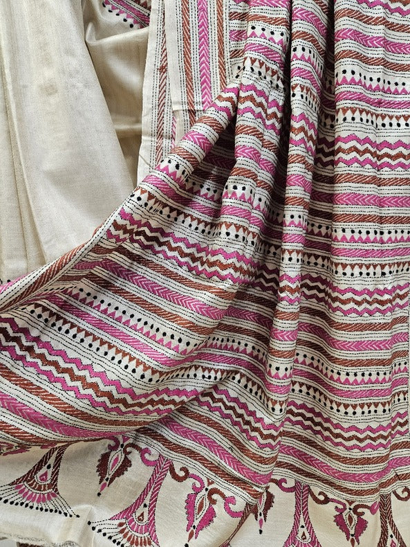 Nature-Inspired: Beige & Brown Handloom Tussar Silk Kantha Saree by Balaram Saha Balaram Saha