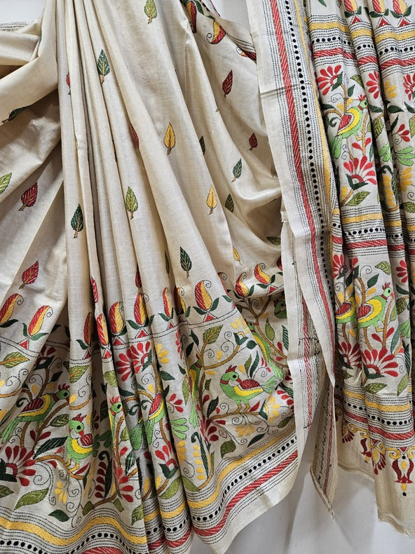 Sustainable Luxury: Grey & Beige Handloom Pure  Silk Kantha Stitch by Balaram Saha Balaram Saha