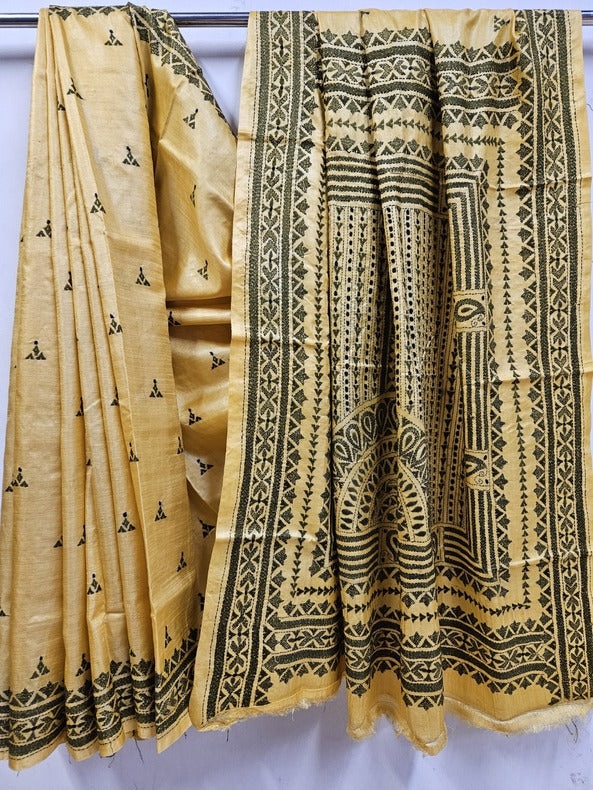 Pure Luxury: Natural Shade Tussar Kantha Silk Saree by Balaram Saha Balaram Saha