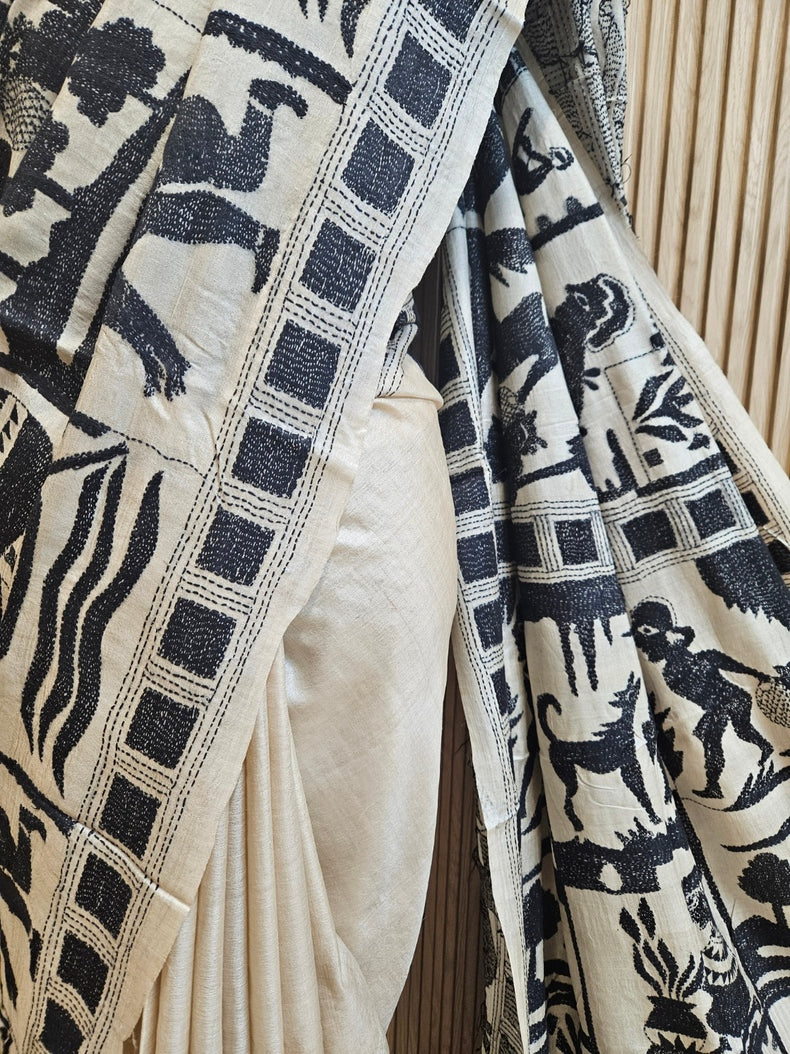 Cream & Black Gachhi Tussar Silk Saree with Hand Stitch Kantha Sahaj path Design Balaram Saha