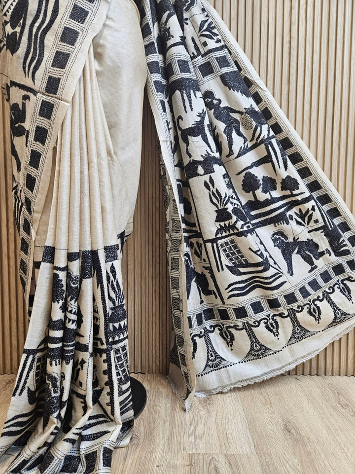 Cream & Black Gachhi Tussar Silk Saree with Hand Stitch Kantha Sahaj path Design Balaram Saha