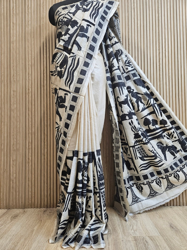 Cream & Black Gachhi Tussar Silk Saree with Hand Stitch Kantha Sahaj path Design Balaram Saha