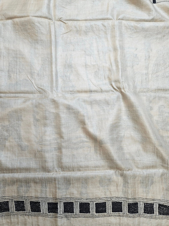 Cream & Black Gachhi Tussar Silk Saree with Hand Stitch Kantha Sahaj path Design Balaram Saha