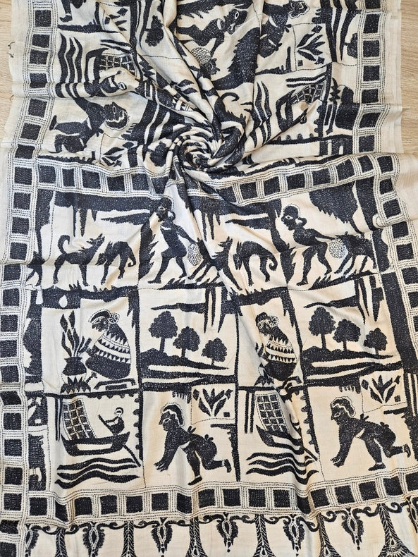 Cream & Black Gachhi Tussar Silk Saree with Hand Stitch Kantha Sahaj path Design Balaram Saha