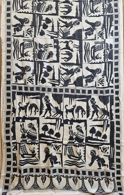 Cream & Black Gachhi Tussar Silk Saree with Hand Stitch Kantha Sahaj path Design Balaram Saha
