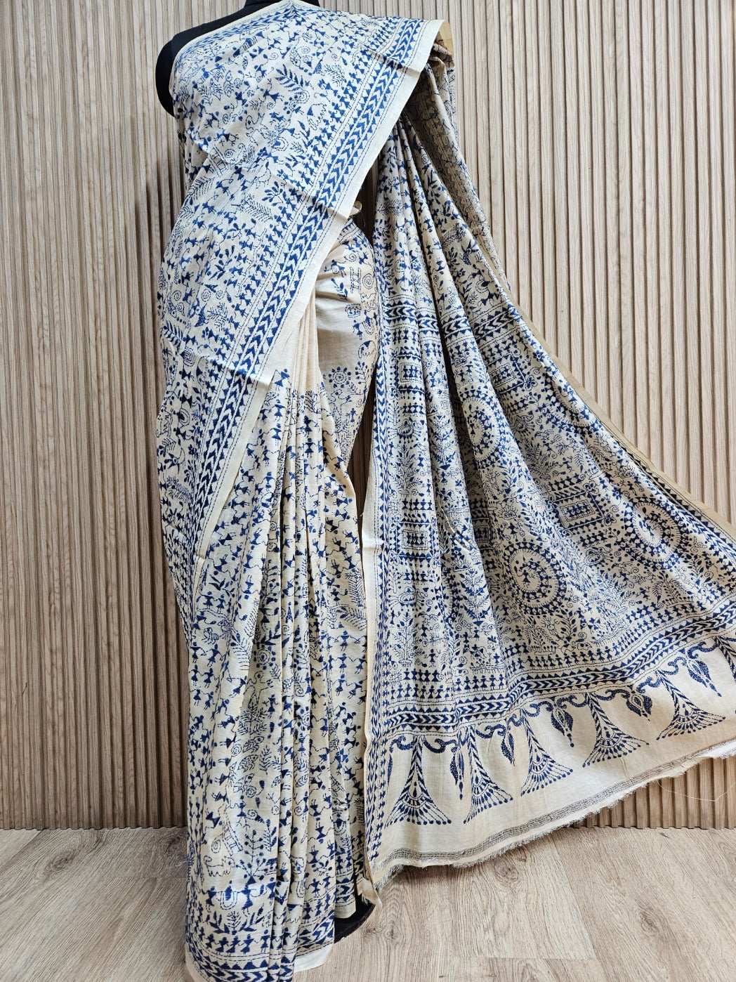 Exquisite Beige & Blue Pure Tussar Silk Saree with Intricate Kantha Stitch by Balaram Saha Balaram Saha