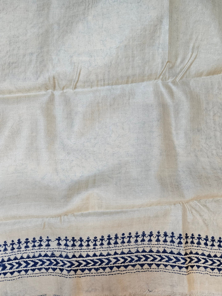 Exquisite Beige & Blue Pure Tussar Silk Saree with Intricate Kantha Stitch by Balaram Saha Balaram Saha