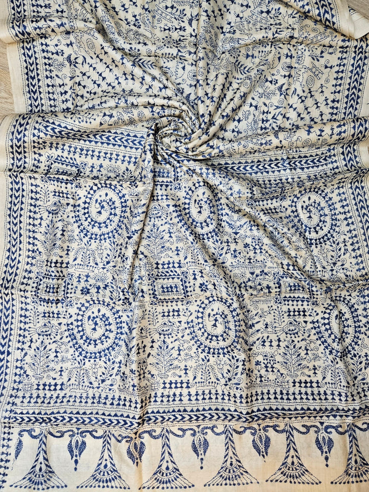 Exquisite Beige & Blue Pure Tussar Silk Saree with Intricate Kantha Stitch by Balaram Saha Balaram Saha