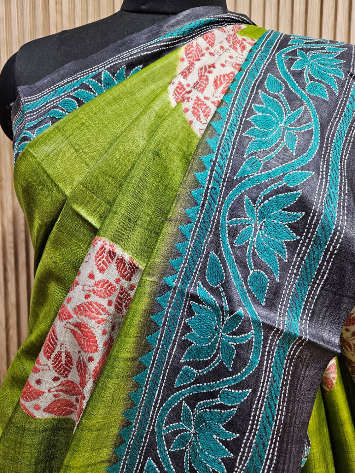 Balaram Saha: Exquisite Craftsmanship - Pure Handloom Tussar Silk Handstitch Kantha Saree Balaram Saha