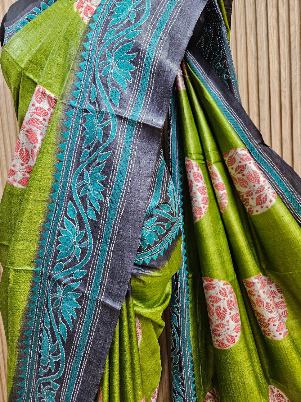 Balaram Saha: Exquisite Craftsmanship - Pure Handloom Tussar Silk Handstitch Kantha Saree Balaram Saha