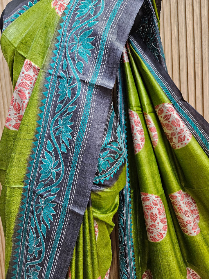 Balaram Saha: Exquisite Craftsmanship - Pure Handloom Tussar Silk Handstitch Kantha Saree Balaram Saha