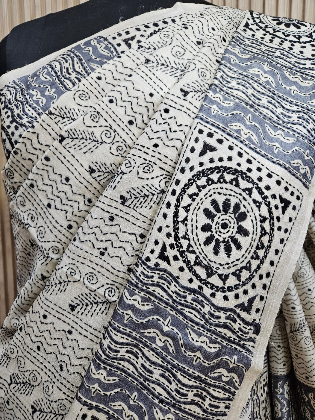Luxurious Tussar Silk: Balaram Saha's Cream Black Kantha Stitch Saree Balaram Saha