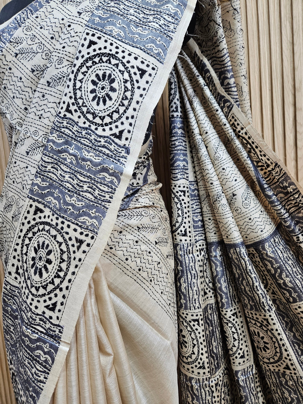 Luxurious Tussar Silk: Balaram Saha's Cream Black Kantha Stitch Saree Balaram Saha
