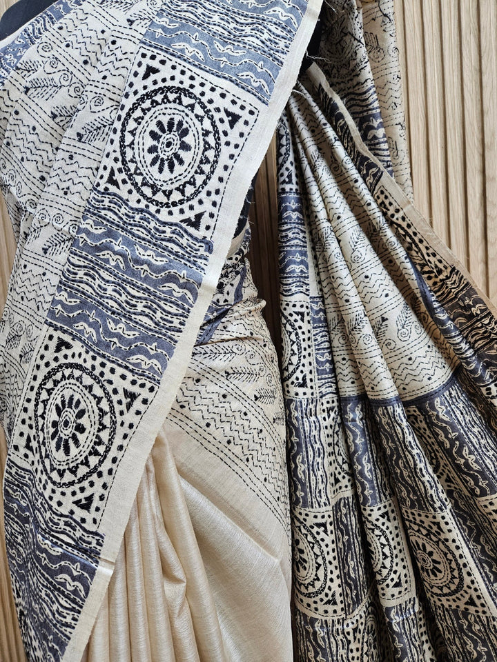 Luxurious Tussar Silk: Balaram Saha's Cream Black Kantha Stitch Saree Balaram Saha