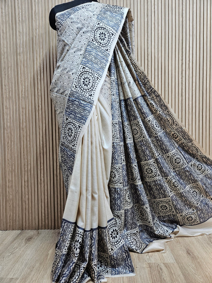 Luxurious Tussar Silk: Balaram Saha's Cream Black Kantha Stitch Saree Balaram Saha