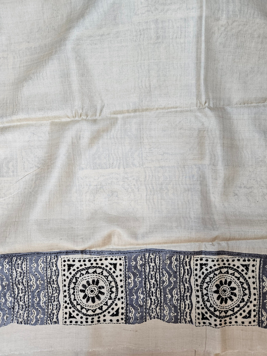 Luxurious Tussar Silk: Balaram Saha's Cream Black Kantha Stitch Saree Balaram Saha