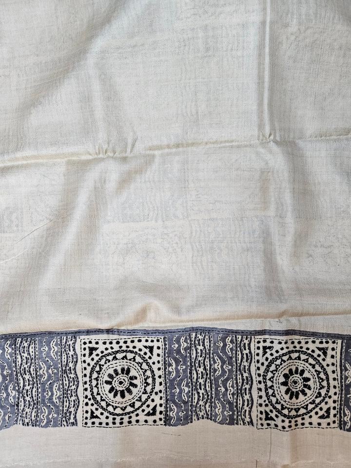 Luxurious Tussar Silk: Balaram Saha's Cream Black Kantha Stitch Saree Balaram Saha