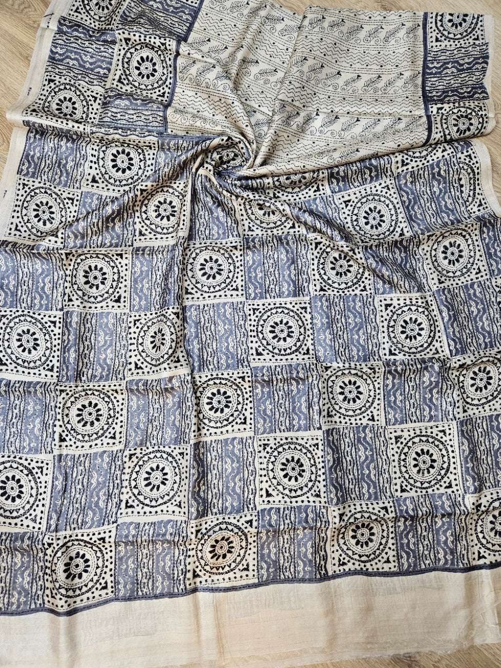 Luxurious Tussar Silk: Balaram Saha's Cream Black Kantha Stitch Saree Balaram Saha