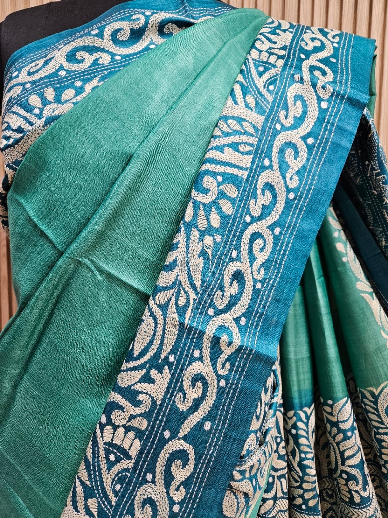 Balaram Saha: Luxury Meets Tradition - Green & Blue Pure Tussar Silk Saree with Kantha Embroidery Balaram Saha