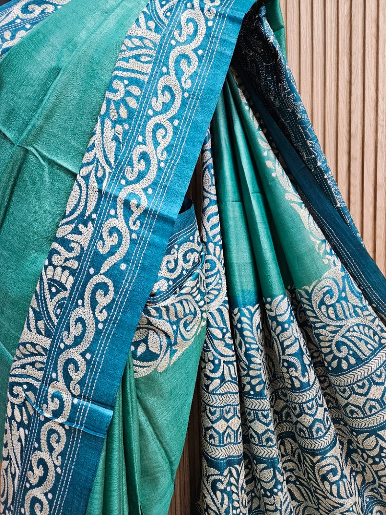 Balaram Saha: Luxury Meets Tradition - Green & Blue Pure Tussar Silk Saree with Kantha Embroidery Balaram Saha