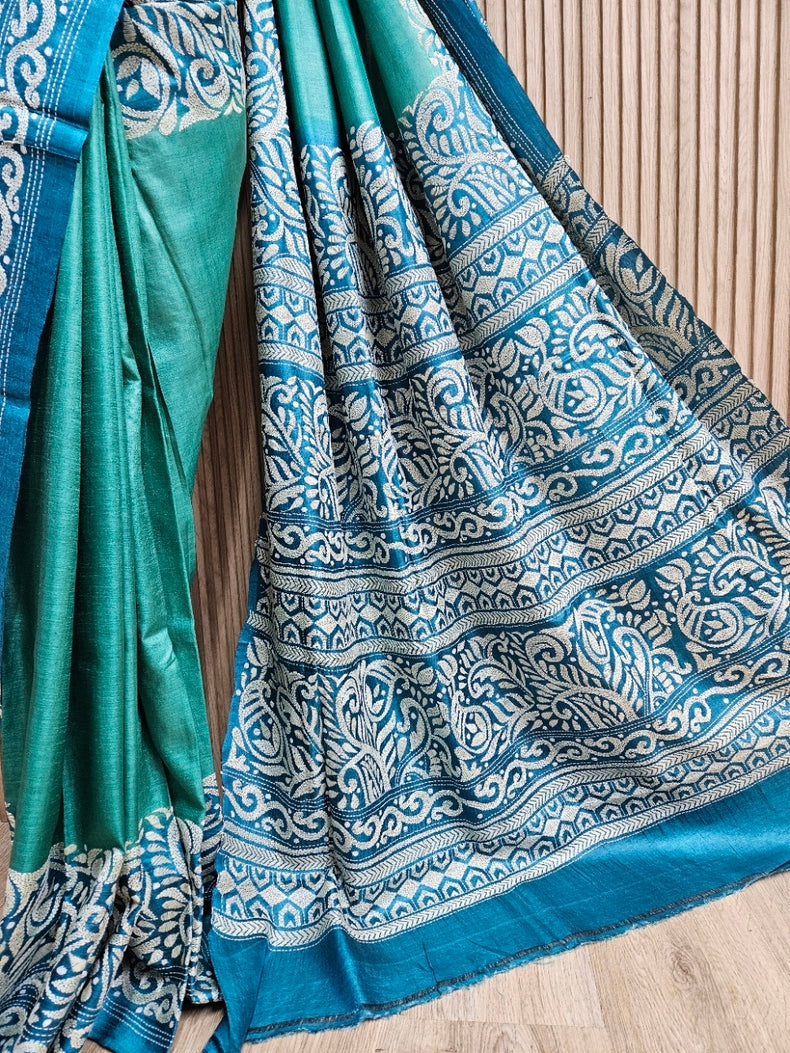Balaram Saha: Luxury Meets Tradition - Green & Blue Pure Tussar Silk Saree with Kantha Embroidery Balaram Saha