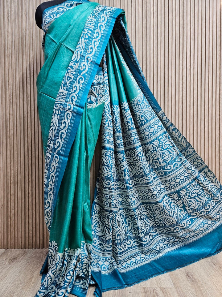 Balaram Saha: Luxury Meets Tradition - Green & Blue Pure Tussar Silk Saree with Kantha Embroidery Balaram Saha