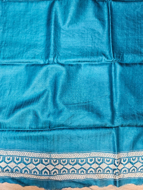 Balaram Saha: Luxury Meets Tradition - Green & Blue Pure Tussar Silk Saree with Kantha Embroidery Balaram Saha