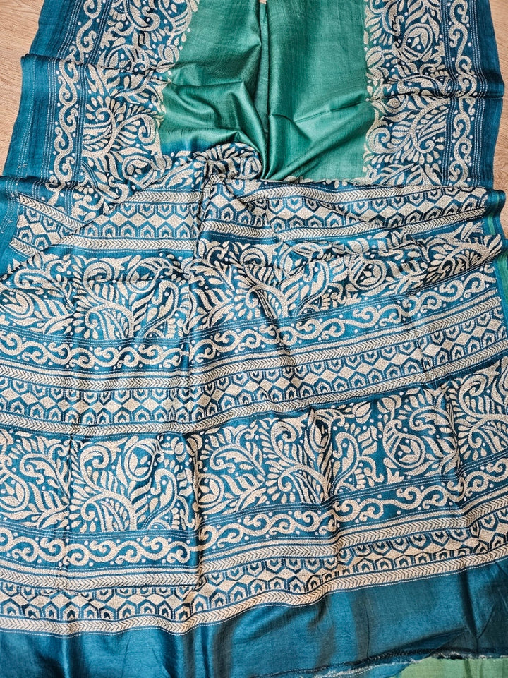 Balaram Saha: Luxury Meets Tradition - Green & Blue Pure Tussar Silk Saree with Kantha Embroidery Balaram Saha