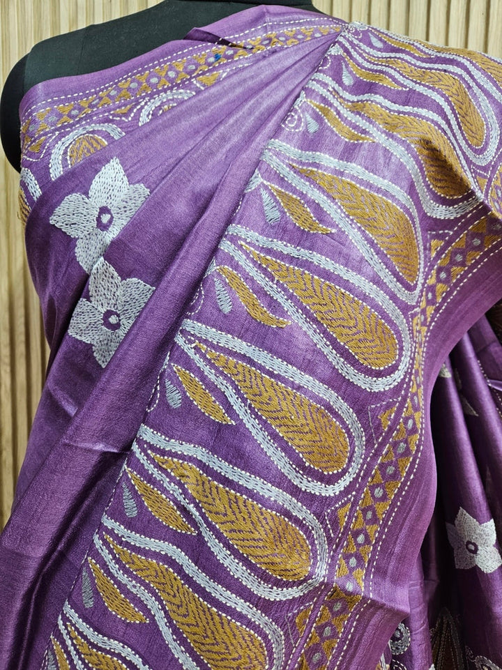 Balaram Saha's Violet & Mustard tussar Silk Kantha Stitch Saree Balaram Saha
