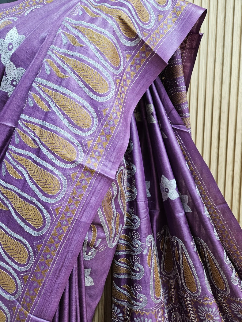 Balaram Saha's Violet & Mustard tussar Silk Kantha Stitch Saree Balaram Saha