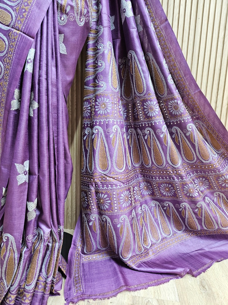 Balaram Saha's Violet & Mustard tussar Silk Kantha Stitch Saree Balaram Saha