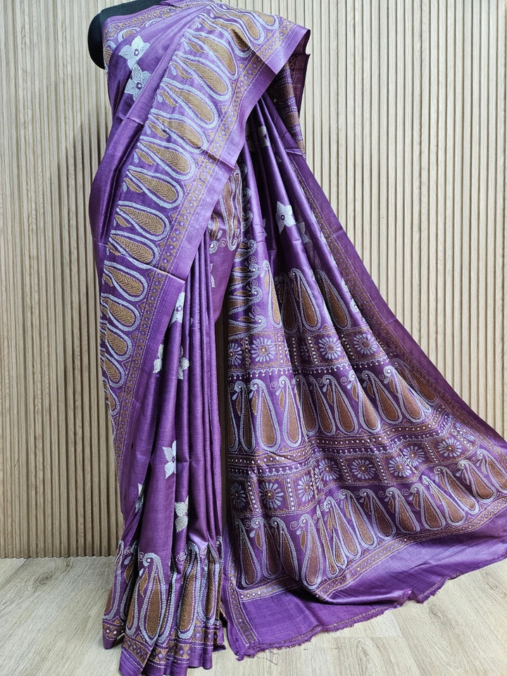 Balaram Saha's Violet & Mustard tussar Silk Kantha Stitch Saree Balaram Saha