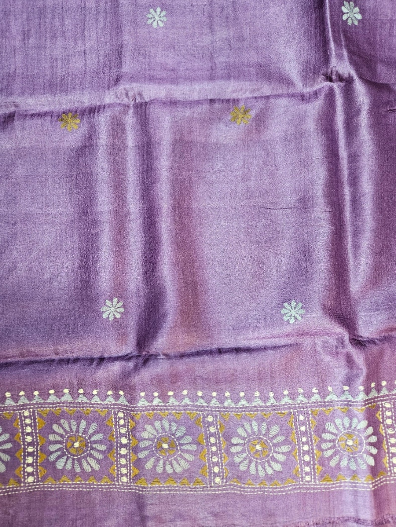 Balaram Saha's Violet & Mustard tussar Silk Kantha Stitch Saree Balaram Saha