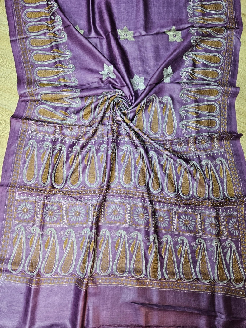 Balaram Saha's Violet & Mustard tussar Silk Kantha Stitch Saree Balaram Saha